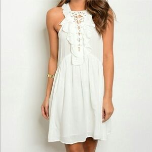 LACE Up White Ruffle Dress